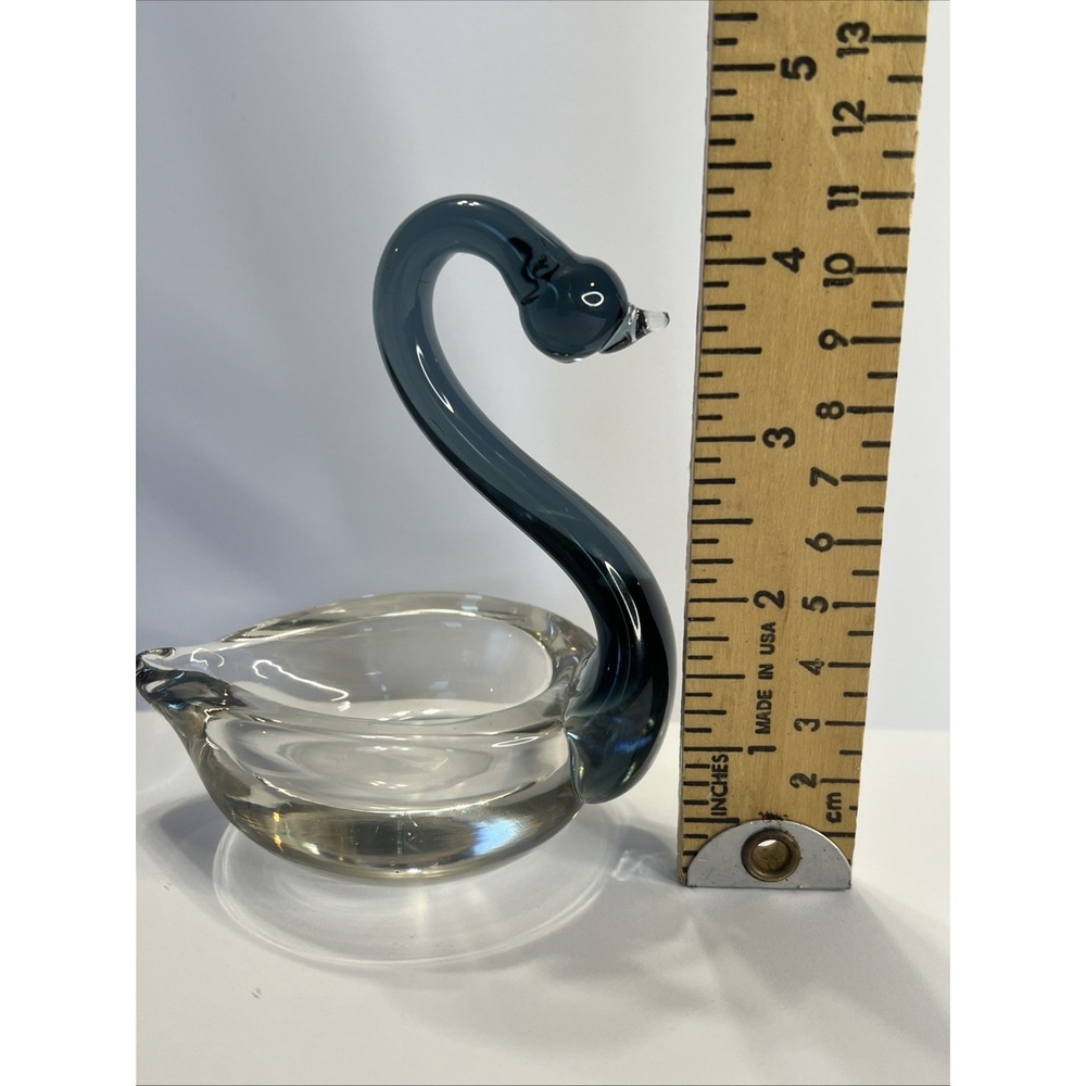 Swan Hand Blown Art Glass Jewelry Dish Smoky Blue Murano Style Trinket Bowl Vtg - Picture 9 of 12